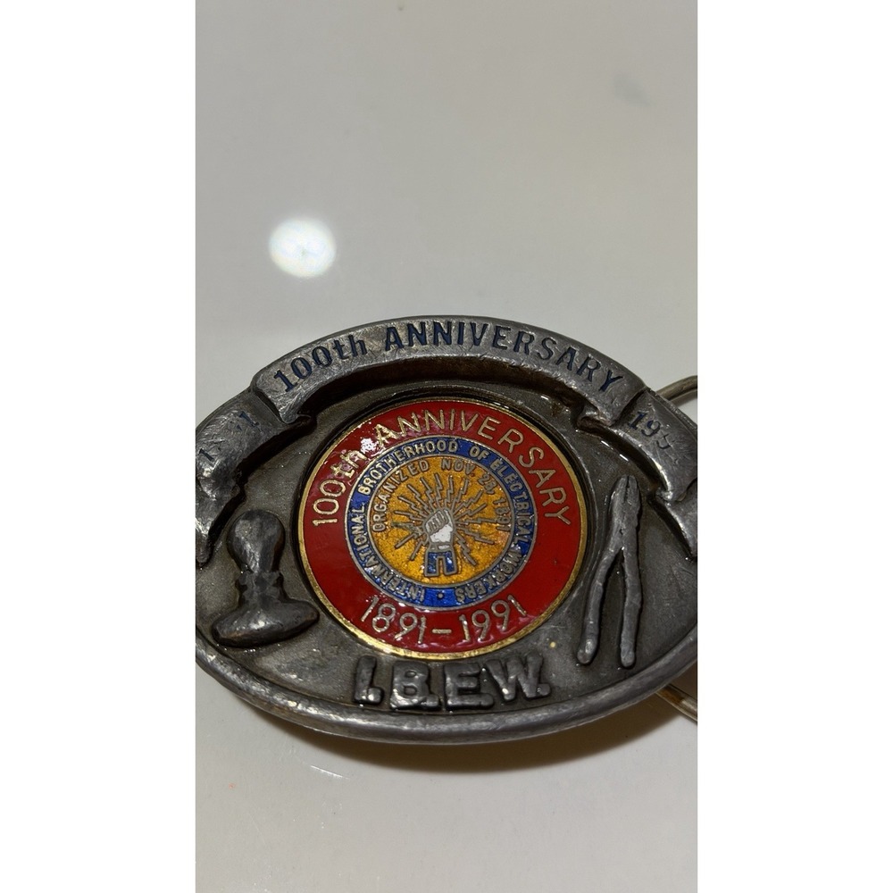 IBEW 100th Anniversary 1891-1991 Metal Enamel Belt Buckle USA Union Botherhood - Picture 2 of 6